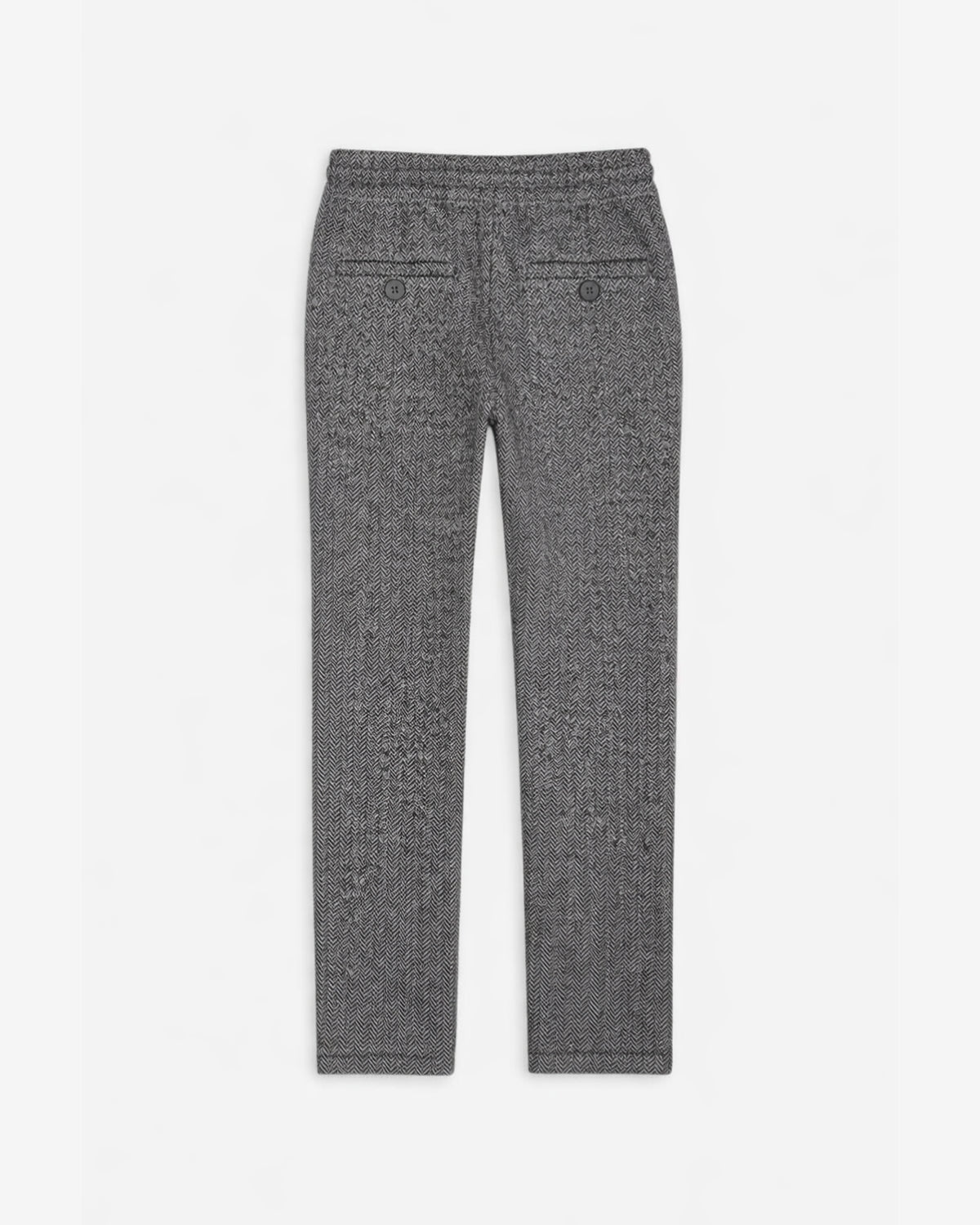 Back view of Charcoal Herringbone Everyday Stretch Pants showing functional pockets and straight-leg design.