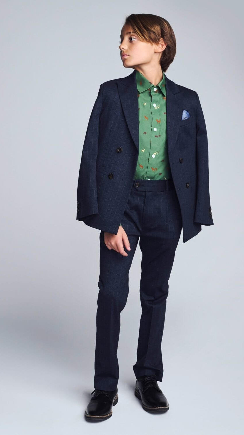 Navy Pinstripe Double Breasted Jacket worn by a boy with green shirt and stylish shoes.