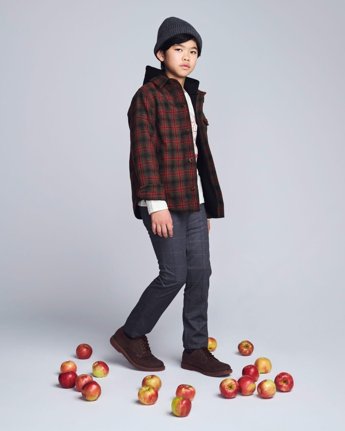 Person wearing a plaid jacket and dark pants standing among apples on a light gray background
