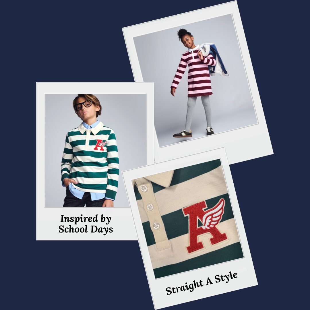 Three Polaroid-style images of children in school-themed outfits on a dark blue background.