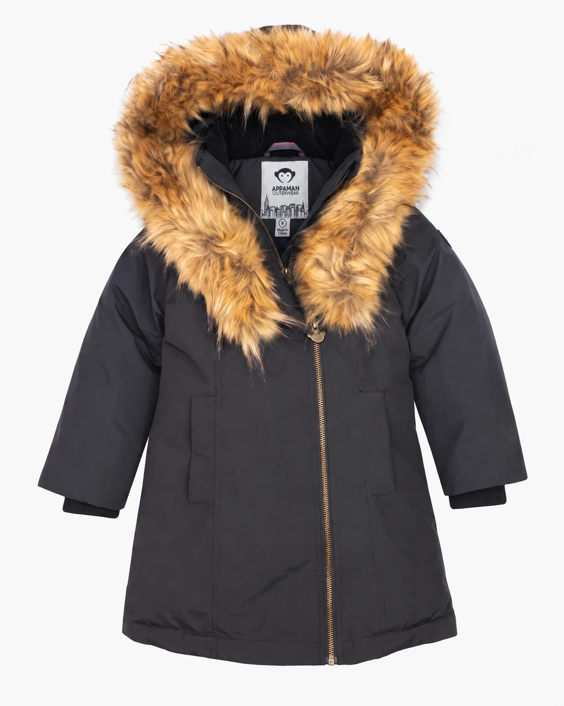 A black kids' parka jacket with a large brown faux-fur trimmed hood, featuring a front zipper, two front patch pockets, and a visible 'Piquadro' brand label.