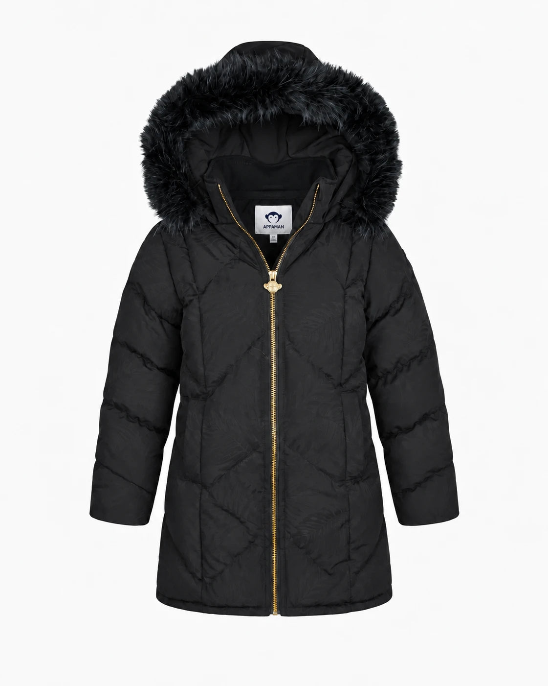 Appaman girls' black longline puffer coat with faux fur hood, front view.
