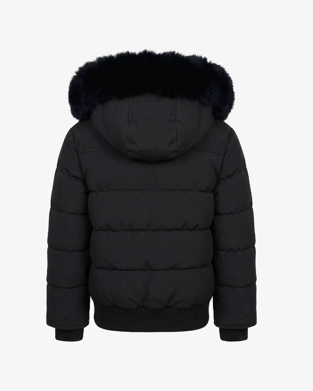 Appaman girls' black puffer bomber jacket with faux fur hood, back view.