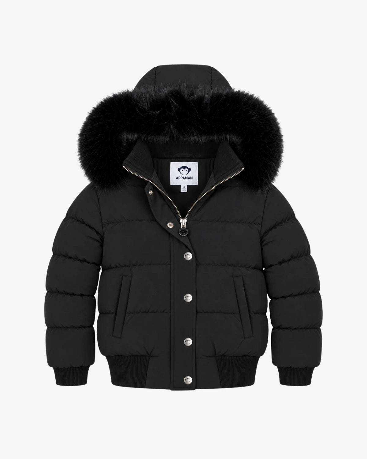 Appaman girls' black puffer bomber jacket with faux fur hood, front view.