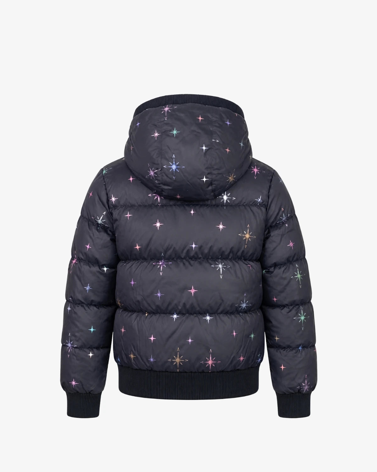 Appaman girls' black star print puffer bomber jacket, back view.