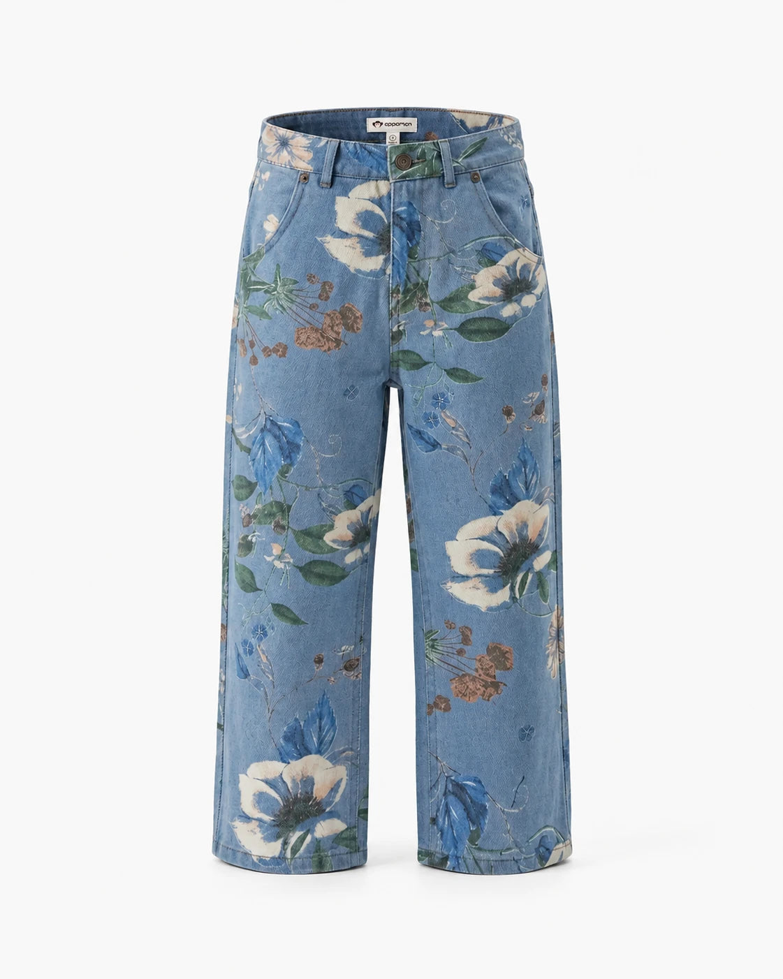 A pair of wide-leg cropped pants in a light blue denim-like fabric with an all-over floral print featuring white, blue, and green flowers, shown against a plain white background.