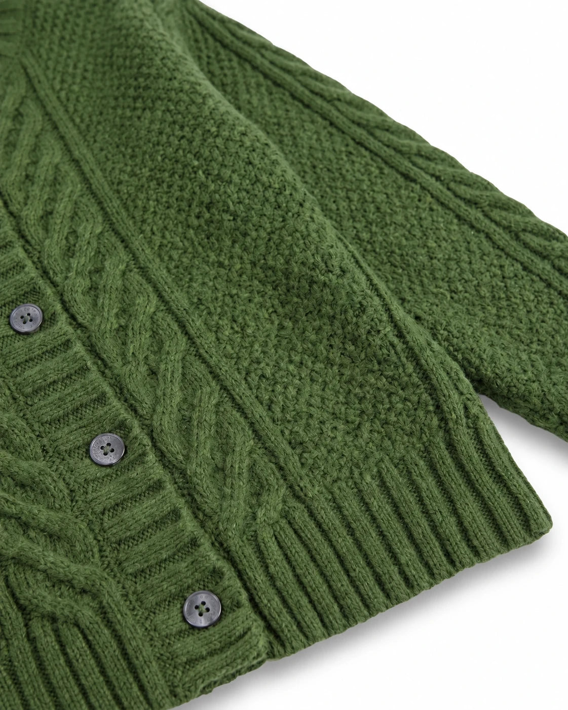 Close-up of an olive green cable-knit cardigan sweater showing the detailed knit texture and dark buttons on the front, set against a plain white background.