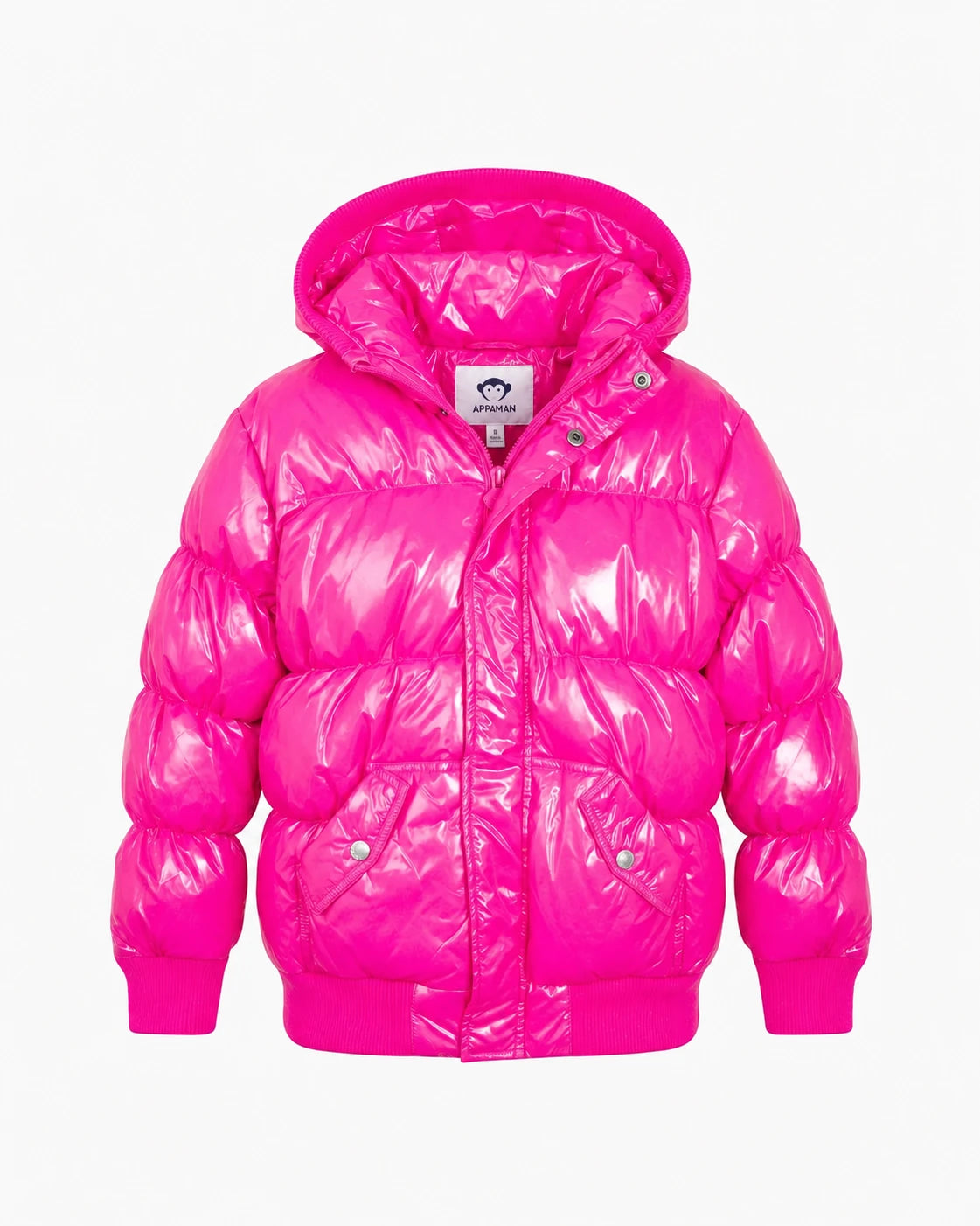 Appaman girls' hot pink glossy puffer bomber jacket, front view.