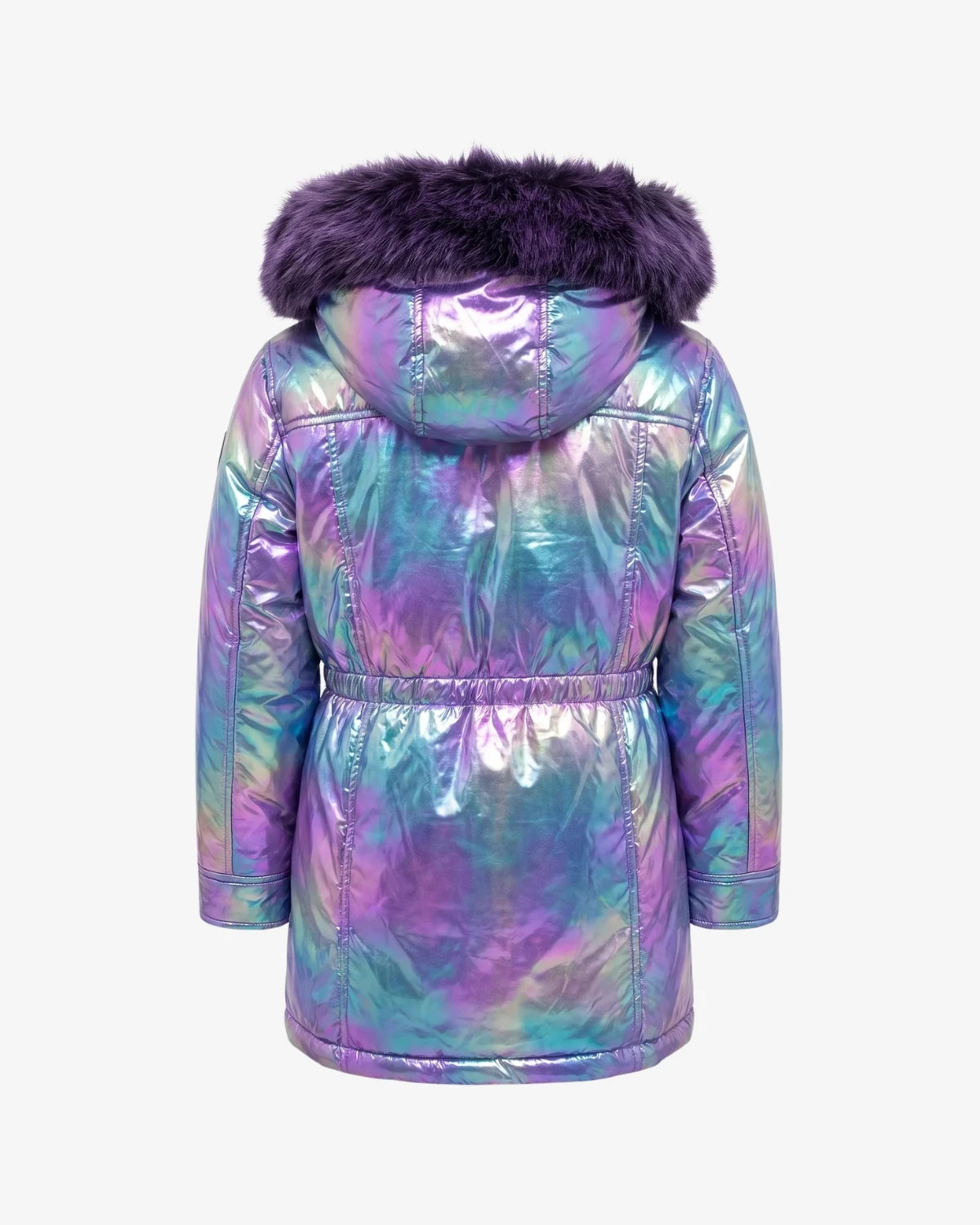 Appaman girls' iridescent holographic parka in purple with faux fur hood, back view.