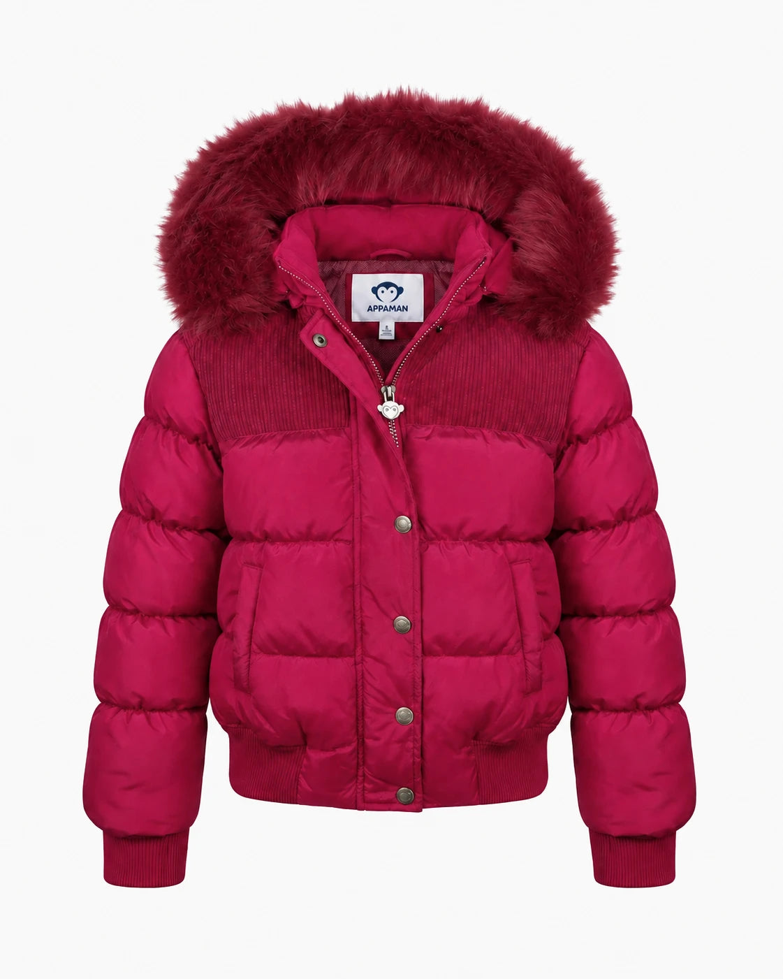 Appaman girls' magenta puffer bomber jacket with corduroy yoke and faux fur hood, front view.