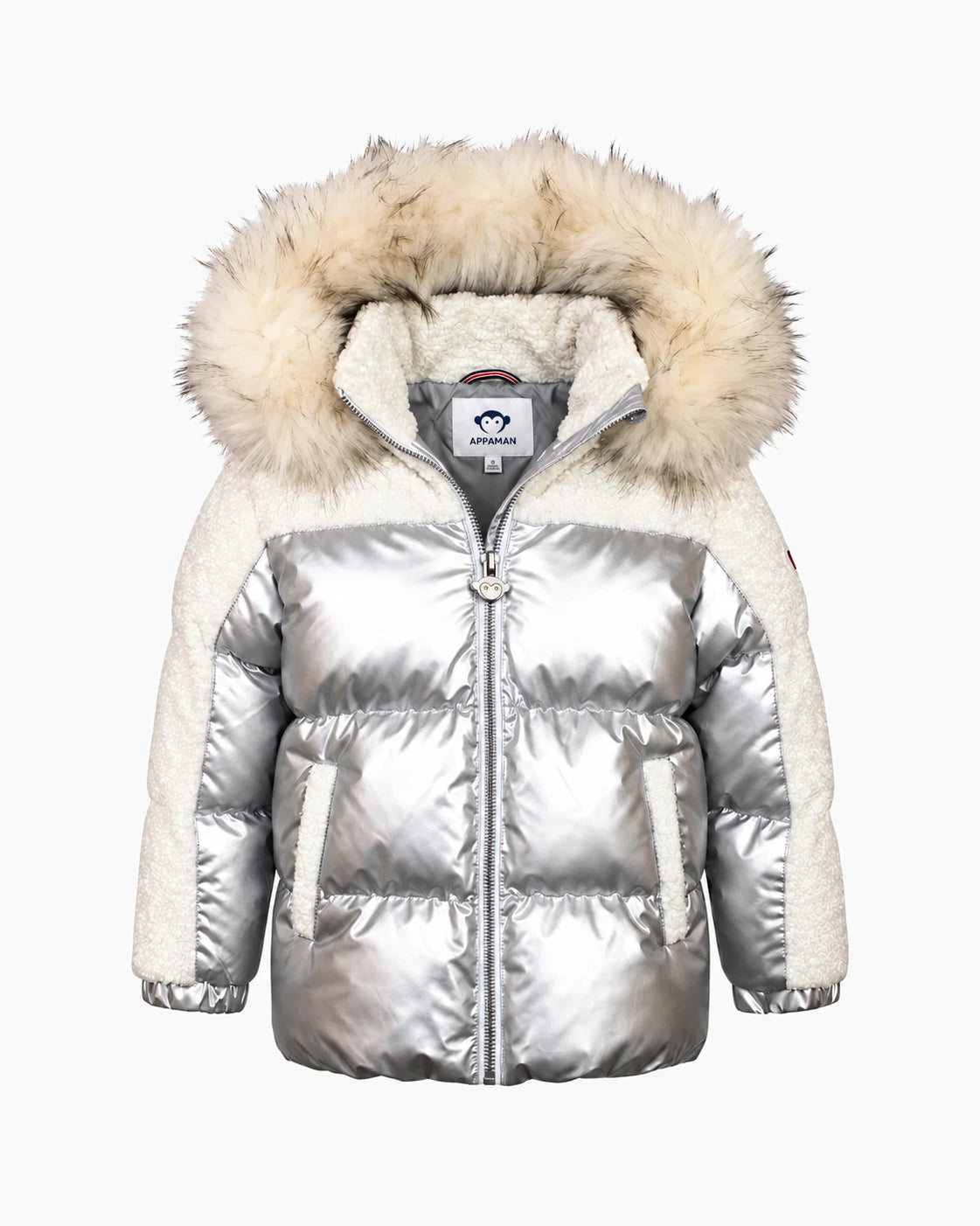 Appaman girls' metallic silver puffer coat with sherpa faux fur hood, front view.