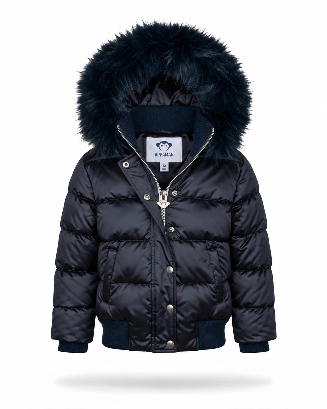 Appaman girls' navy puffer bomber jacket with faux fur hood, front view.