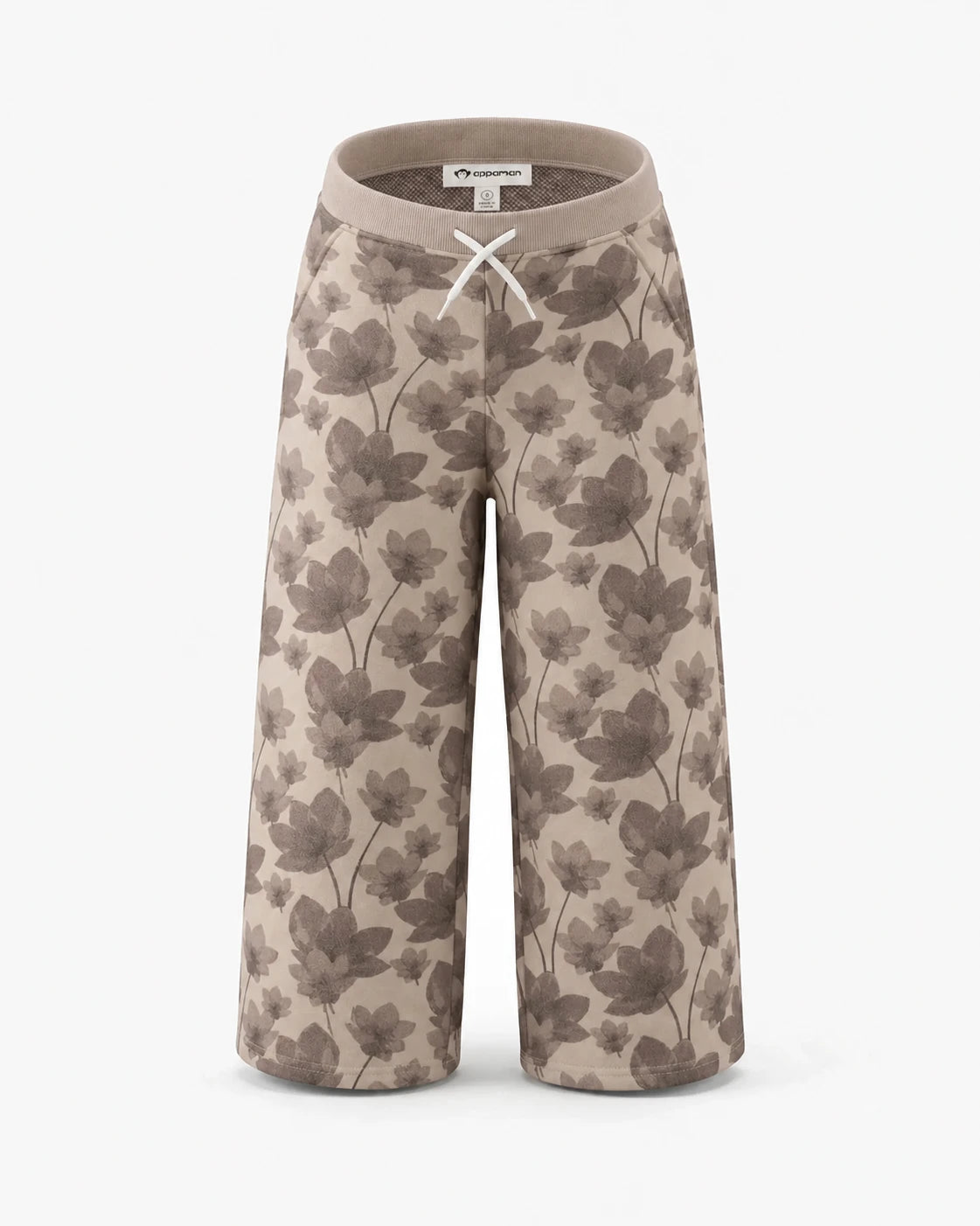 Appaman girls' taupe floral wide leg pants, front view.