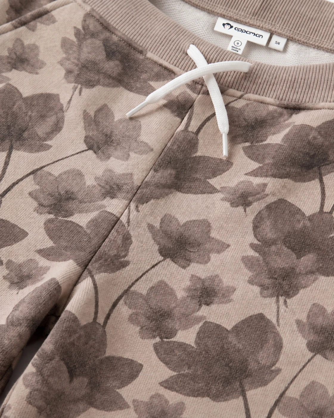 Appaman girls' taupe floral wide leg pants, close-up waist detail.