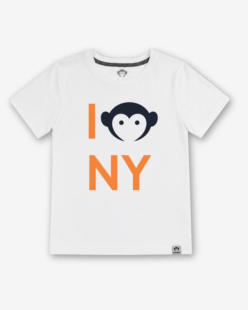 White t-shirt with 'I § NY' design featuring a monkey face on a white background