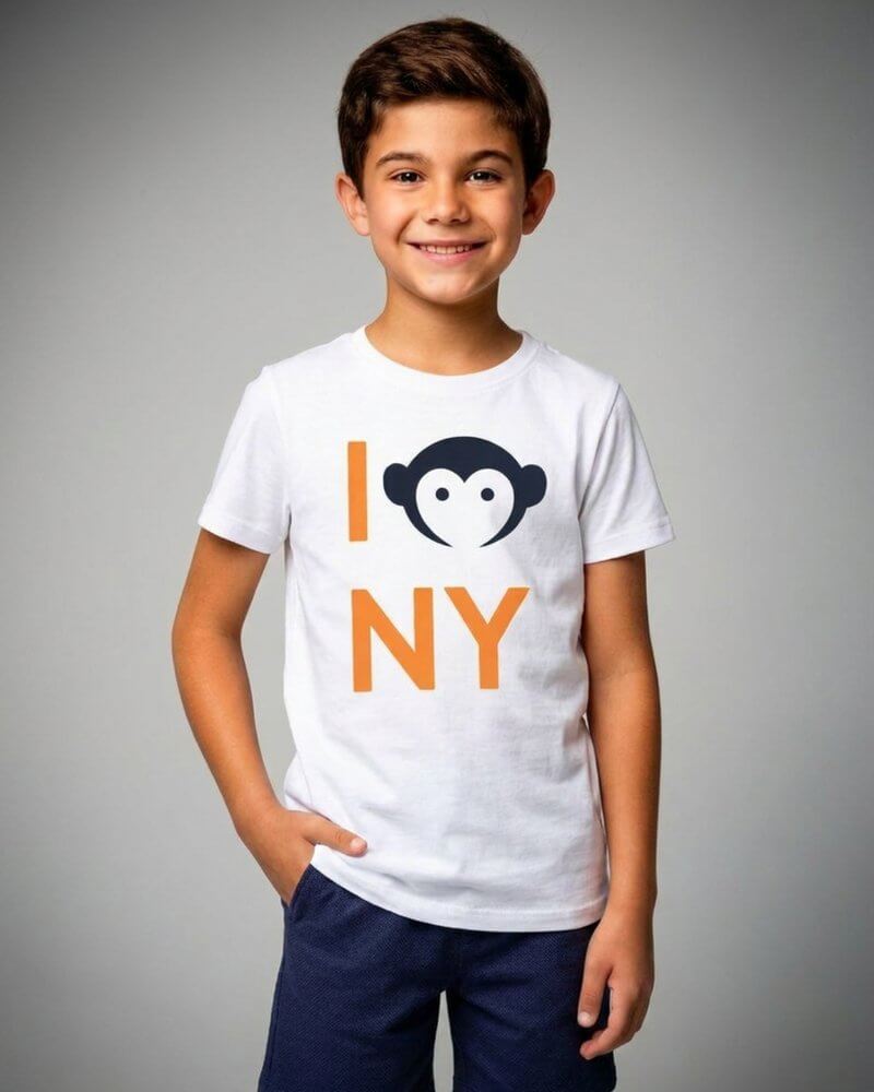 Child wearing a white t-shirt with 'I ❤️ NY' design on a gray background