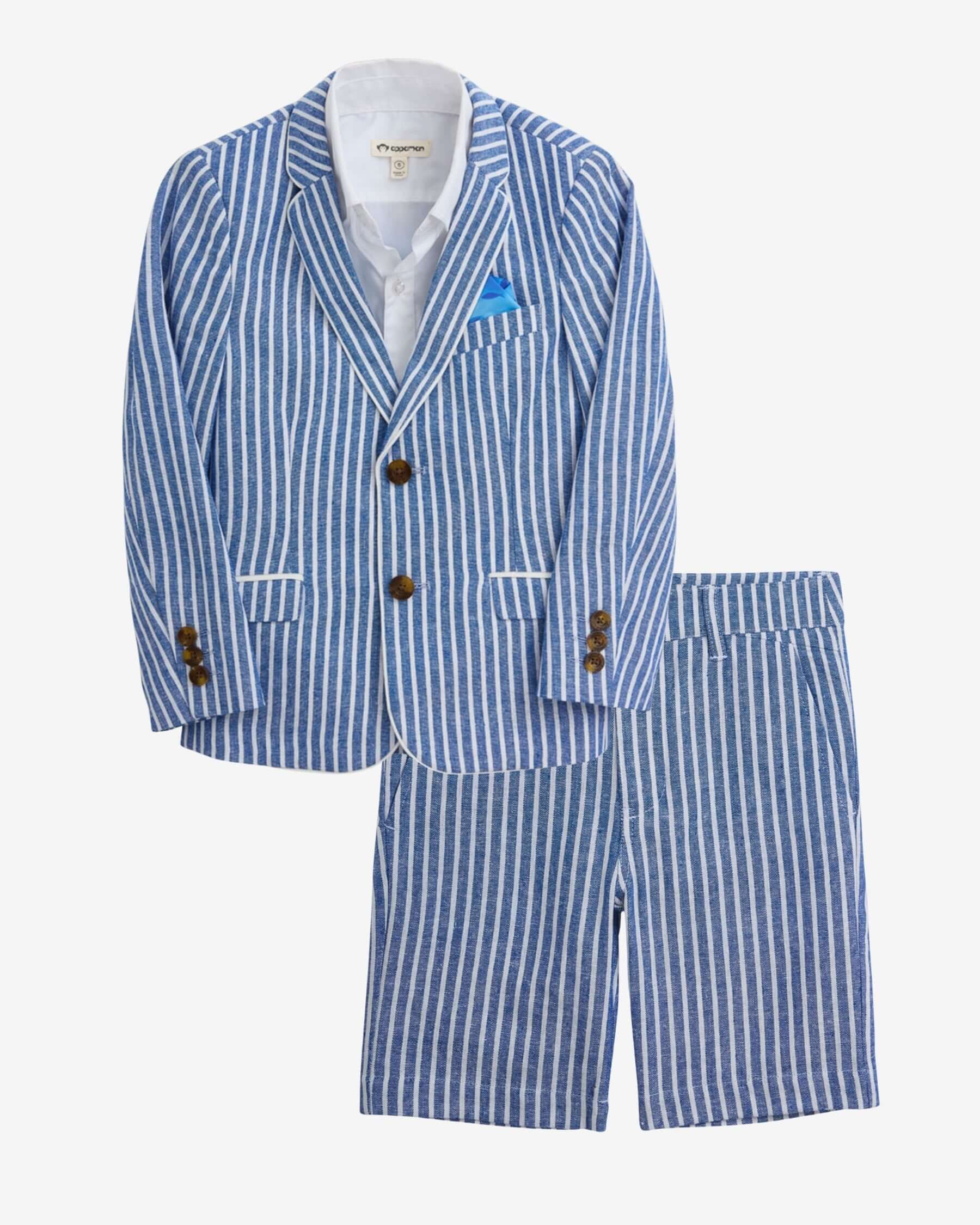 Linen Canopy Stripe Suit Set for kids featuring breathable linen, classic lapels, and functional pockets, ideal for spring events.