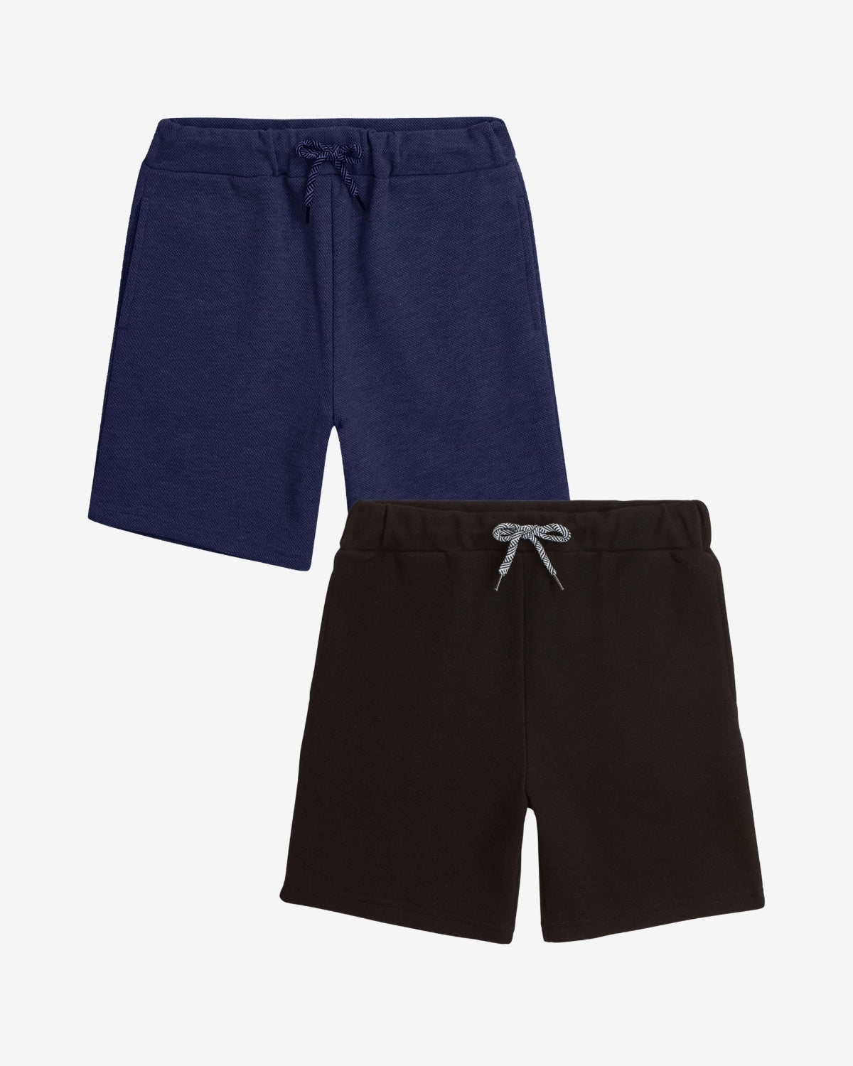 Two pairs of shorts, one navy and one black, on a light gray background.