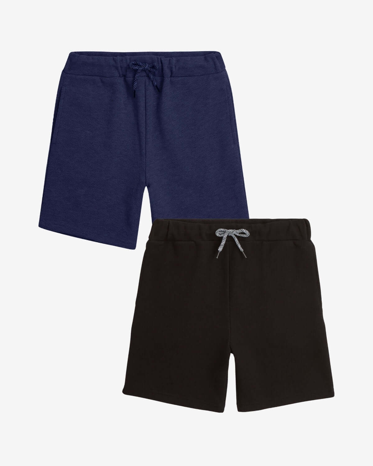 Two pairs of shorts, one navy and one black, on a light gray background.