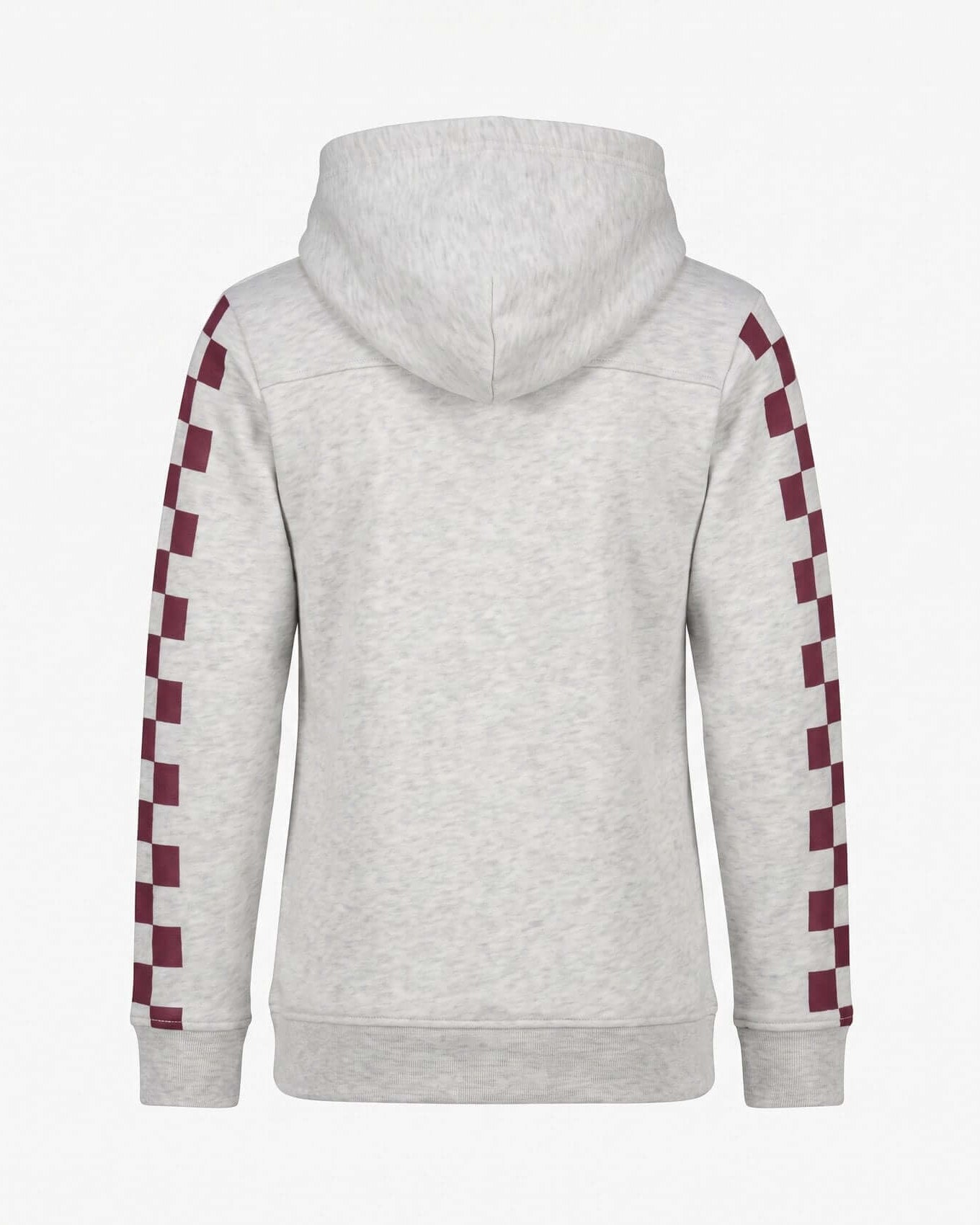 Gray hoodie with red and white checkered sleeves on a white background