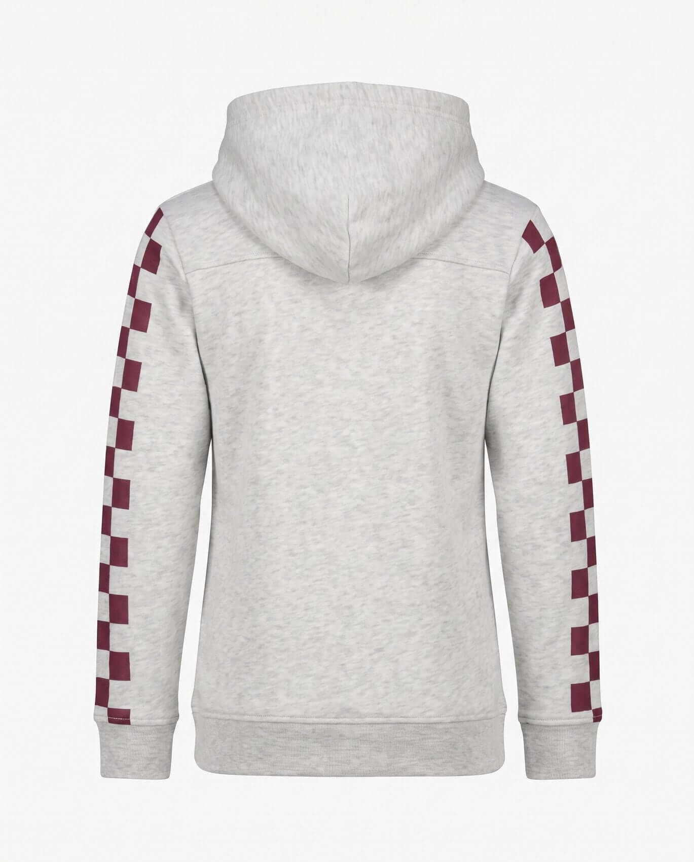 Gray hoodie with red and white checkered sleeves on a white background