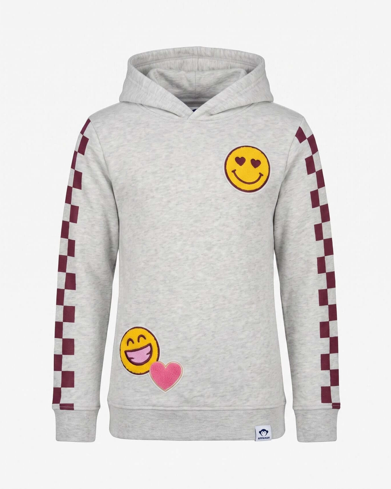 Gray hoodie with smiley face designs on sleeves and chest against a white background