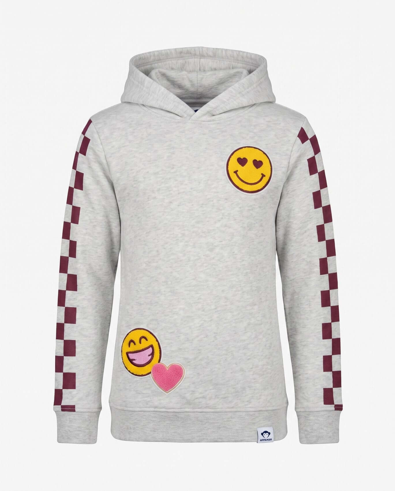 Gray hoodie with smiley face designs on sleeves and chest against a white background