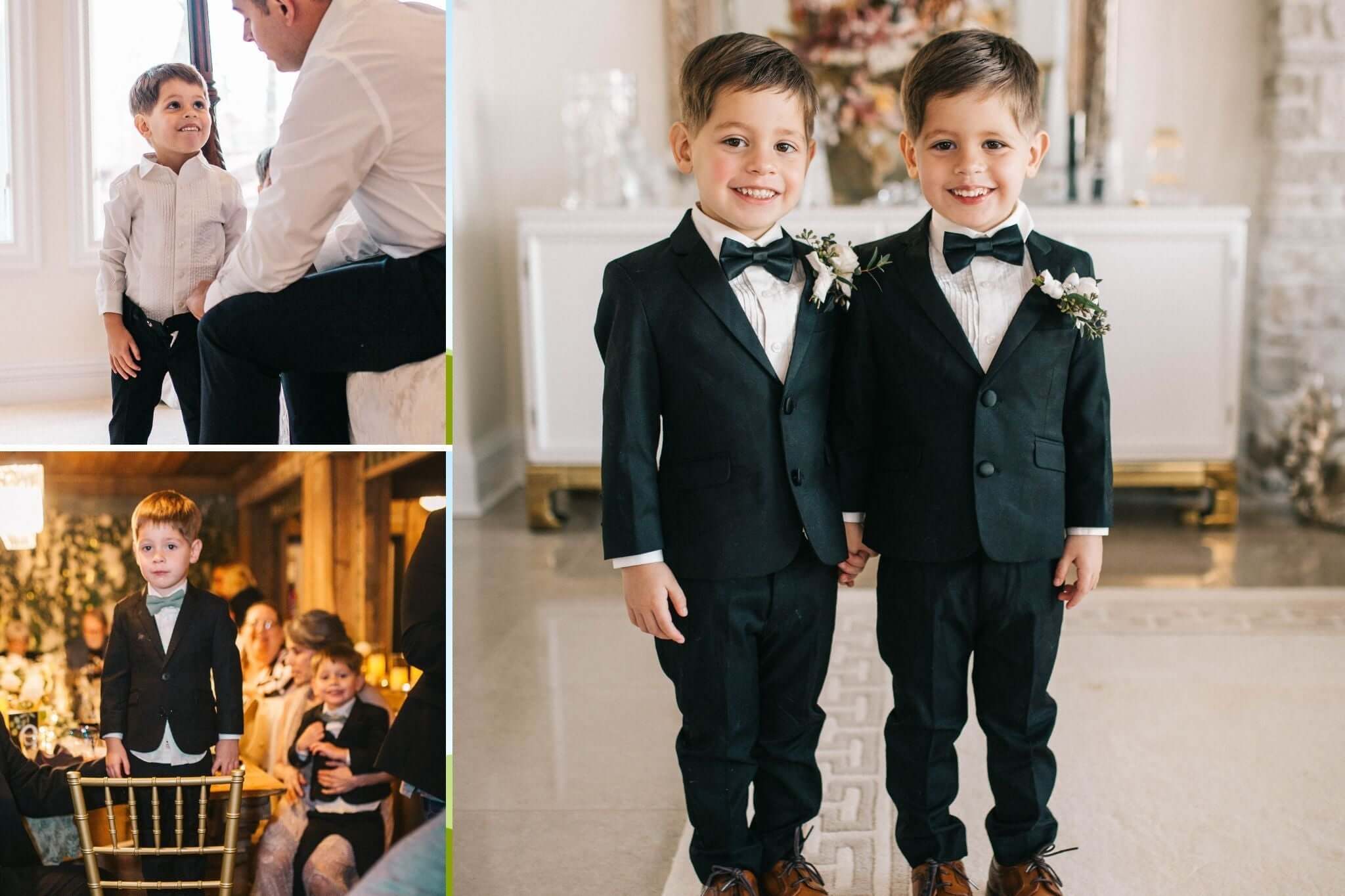Two stylish boys in formal suits with bow ties, celebrating a wedding and looking dapper for spring festivities.