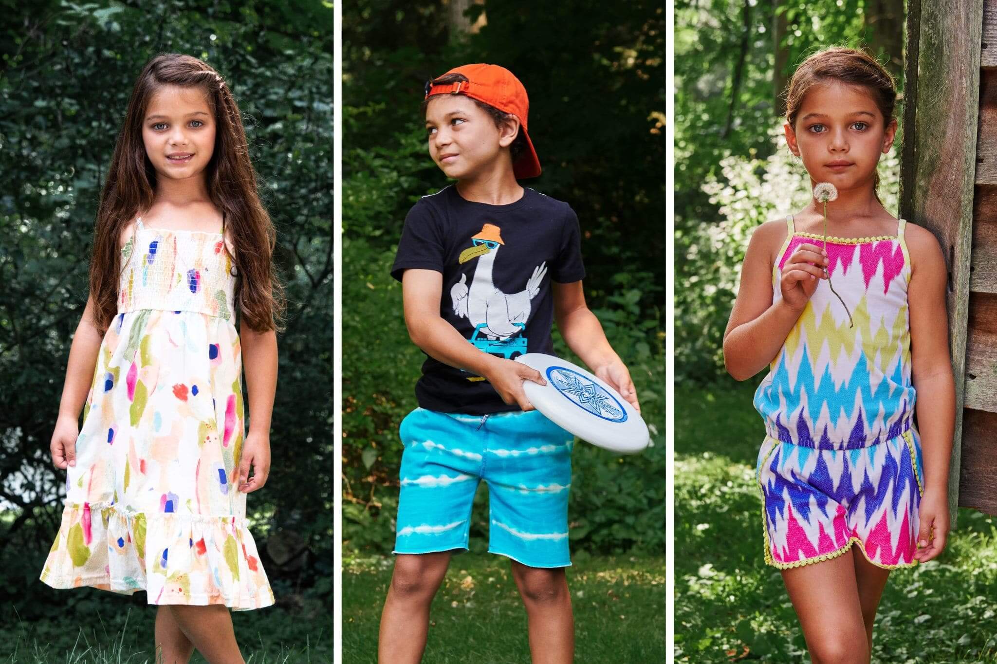 Stylish kids showcasing summer outfits, featuring playful dresses and cool activewear for boys and girls.