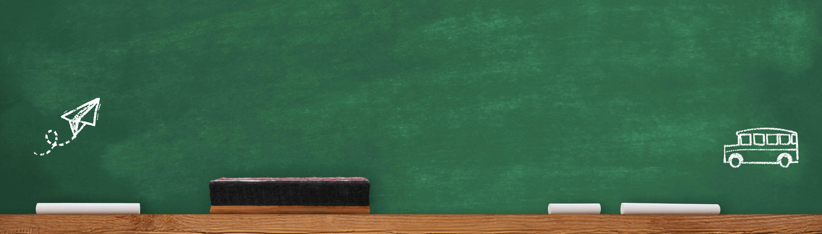 A vibrant green chalkboard background with playful doodles of a paper airplane and school bus, setting a fun school vibe.