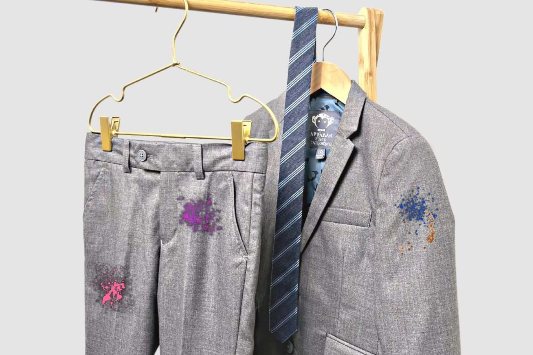Appaman's machine washable gray suit with colorful paint splatters, showcasing stylish kids' fashion.