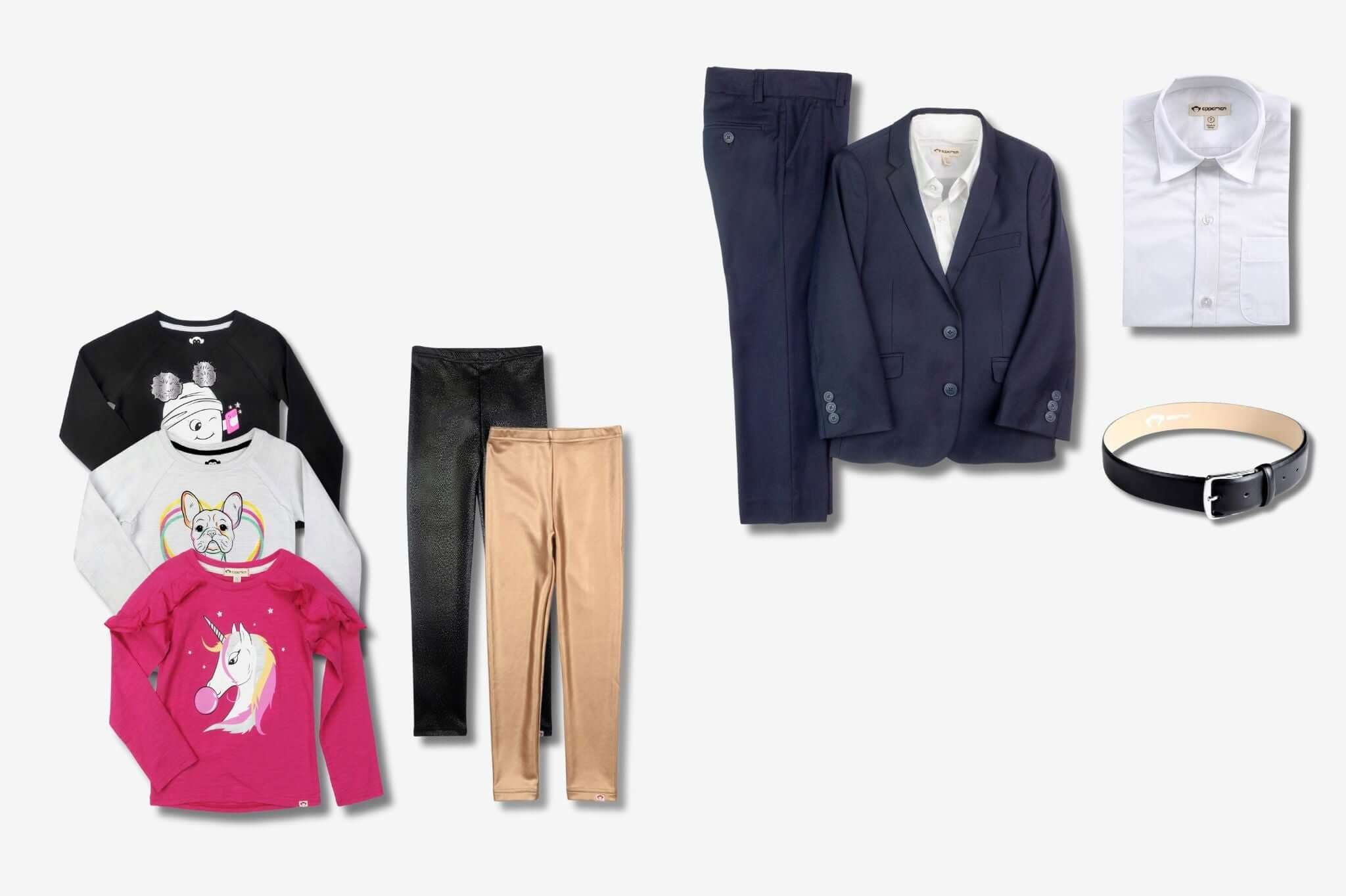 Stylish kids clothing bundles featuring vibrant tees, chic pants, and a sophisticated suit for all festive occasions.