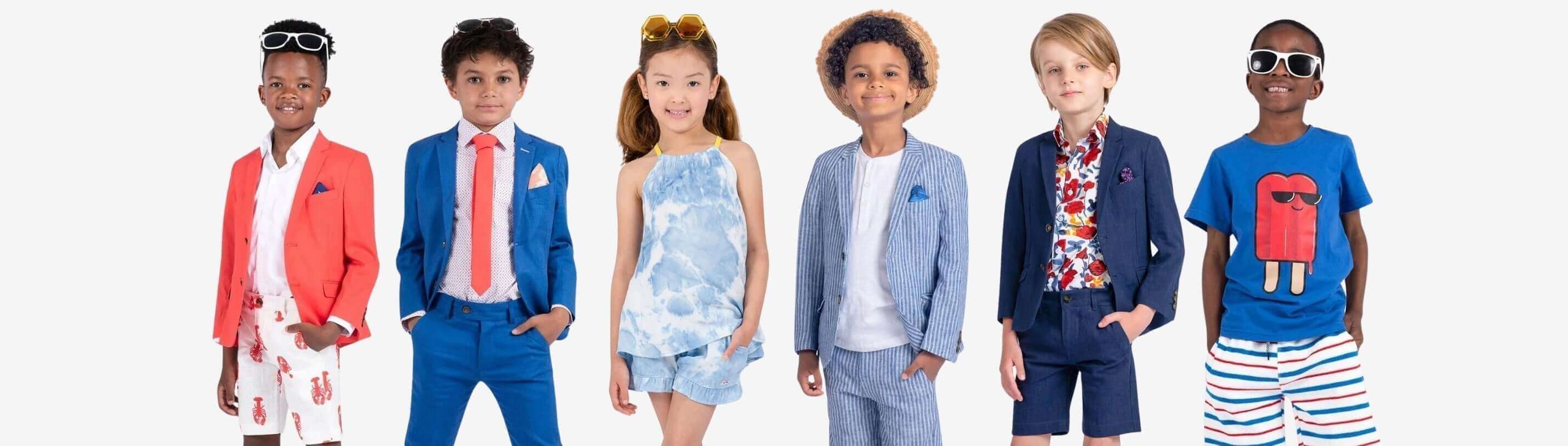 Stylish kids showcasing vibrant summer outfits for a Fourth of July BBQ celebration, blending fun and fashion.