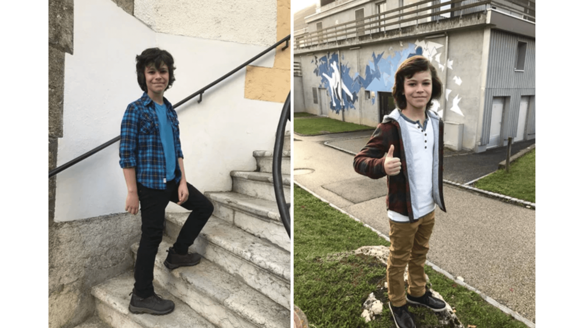 Stylish kid rocking a blue checkered shirt and a cozy hoodie, showing off playful confidence in Switzerland.