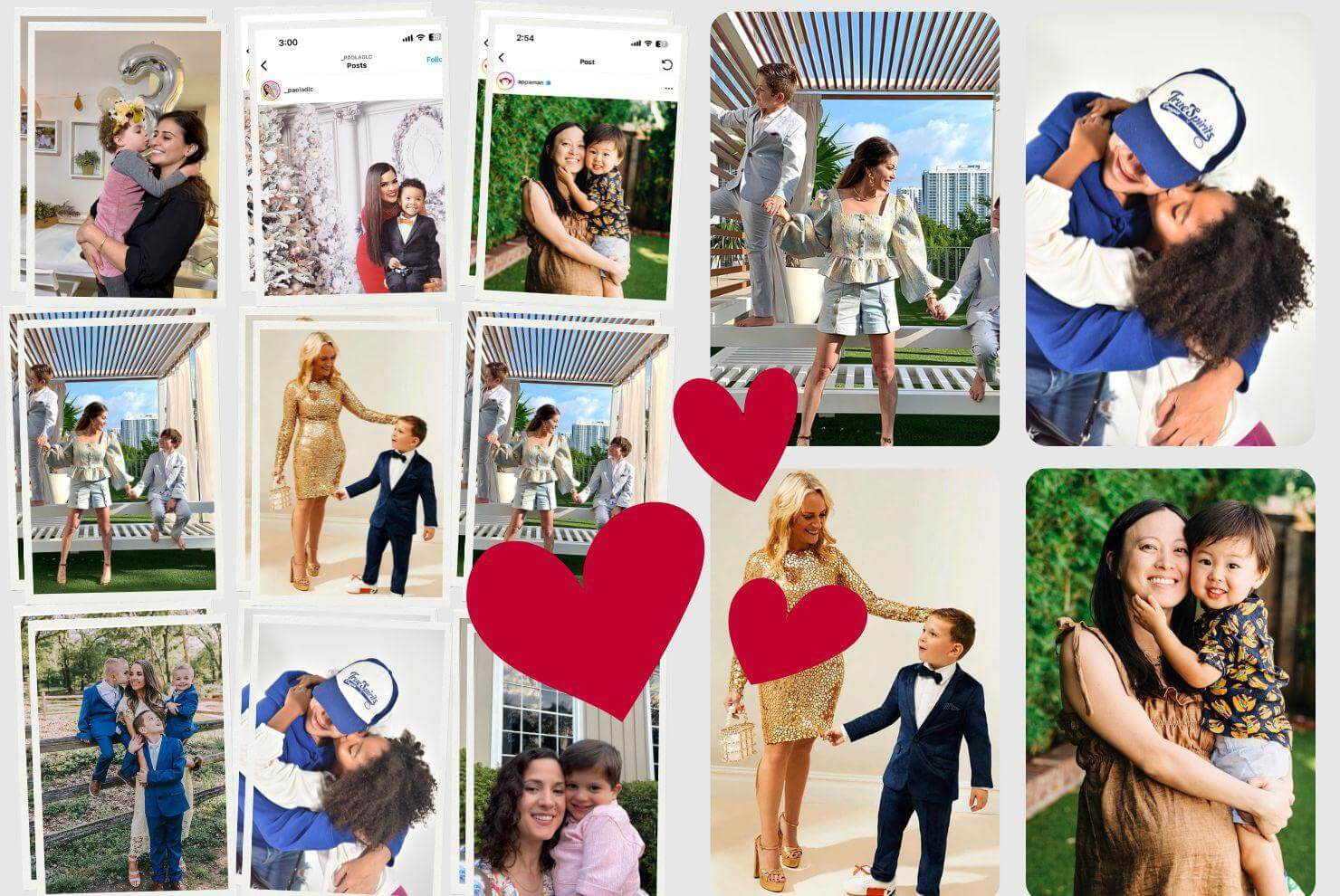 A heartwarming collage of stylish moms and kids celebrating love and togetherness, showcasing trendy kids' outfits.