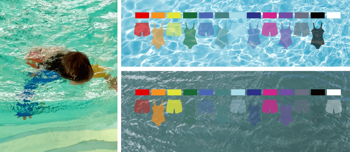A child swimming with colorful swimwear options displayed, showcasing vibrant choices for stylish kids' swim attire.