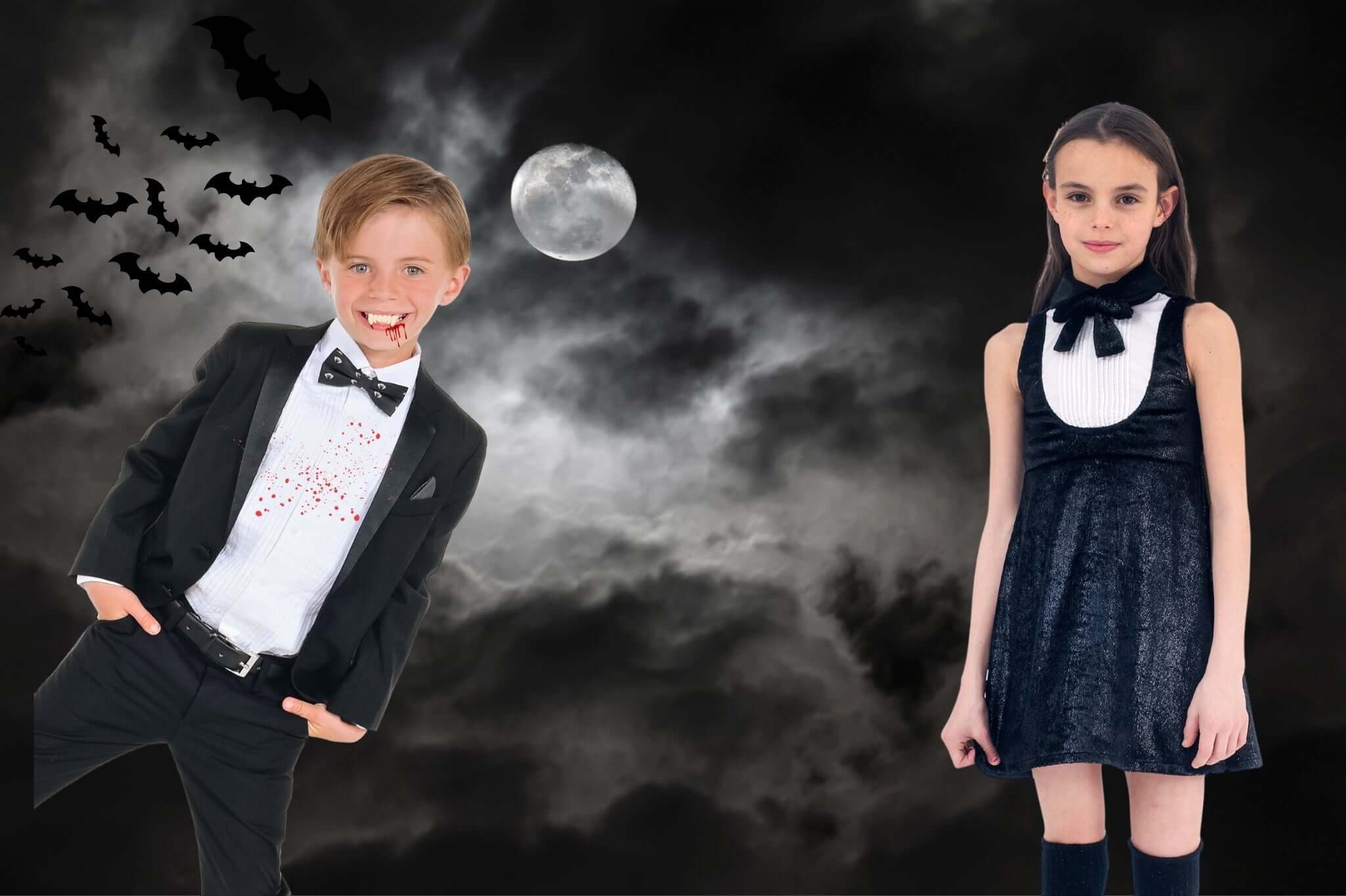Spooky stylish siblings in DIY Halloween costumes, ready to enchant the night with playful elegance.