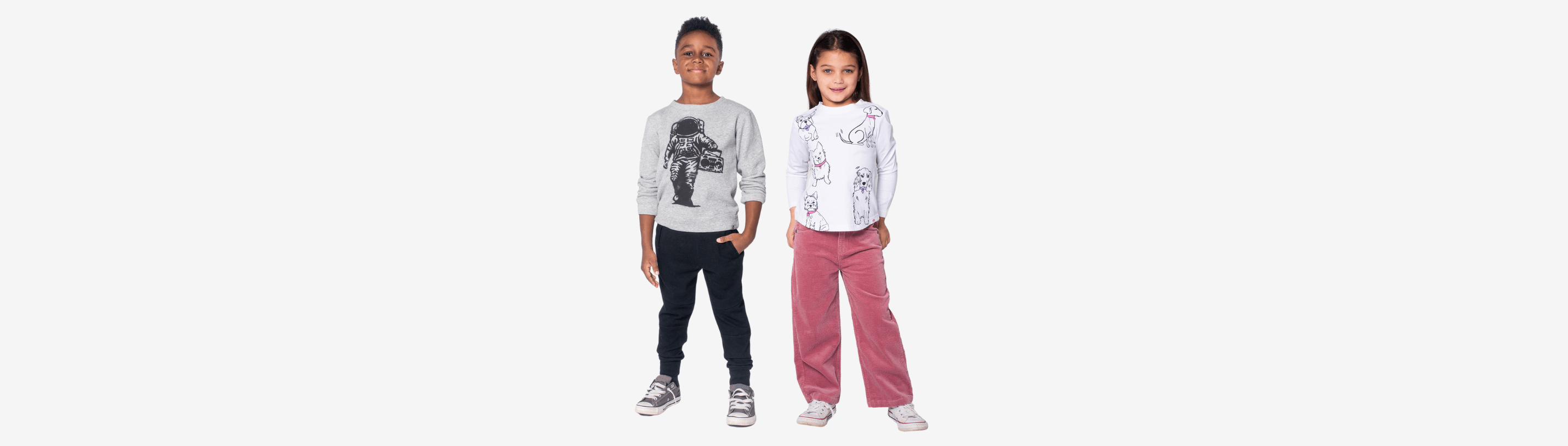 Stylish 5th graders in playful outfits, showcasing trendy styles for boys and girls, perfect for a vibrant school year.