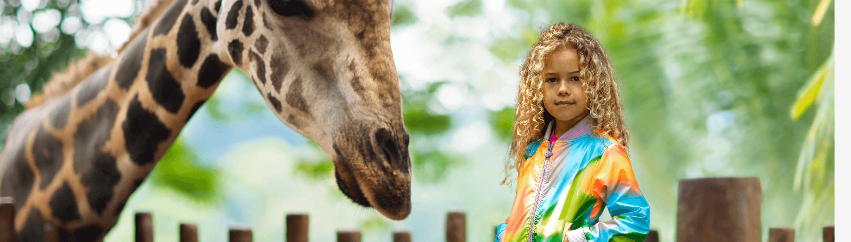 A stylish girl in a vibrant jacket smiles at a giraffe, embodying fun family adventures at the zoo.
