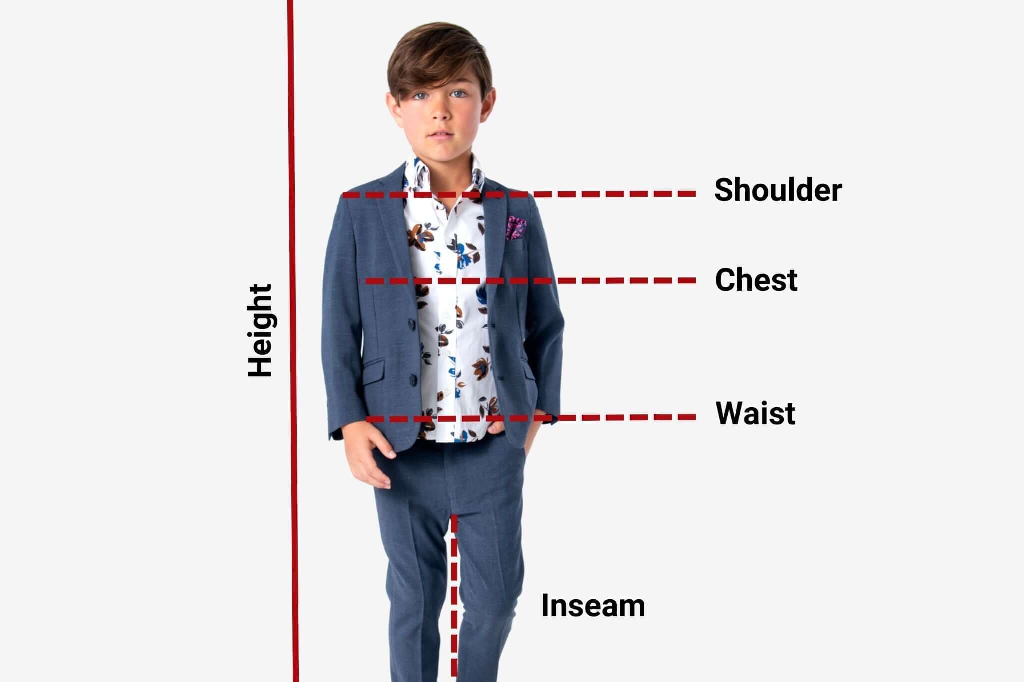A stylish boy in a suit, showcasing key measurement points: shoulder, chest, waist, inseam for perfect fit.
