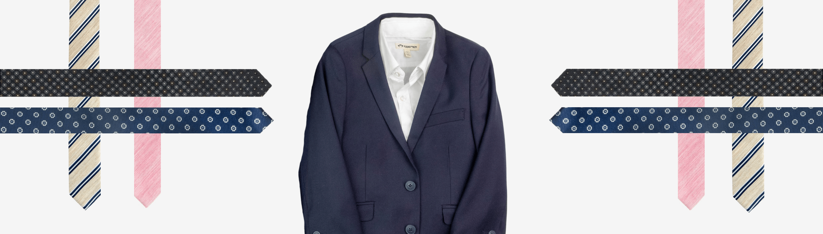 Stylish navy blue suit jacket surrounded by trendy tie options for kids, perfect for any formal event.