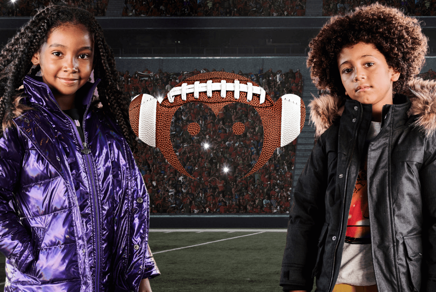 Stylish kids in trendy jackets ready for a fun Super Bowl party, showcasing modern kids' fashion and playful vibes.