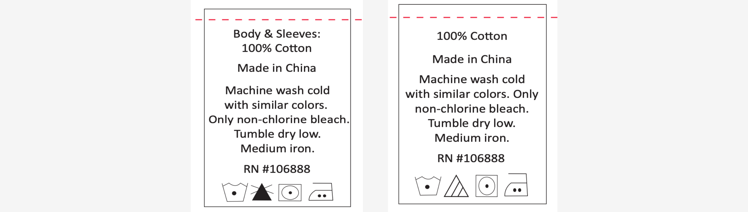 Care label showing laundry symbols and instructions for washing and caring for 100% cotton kids clothes.