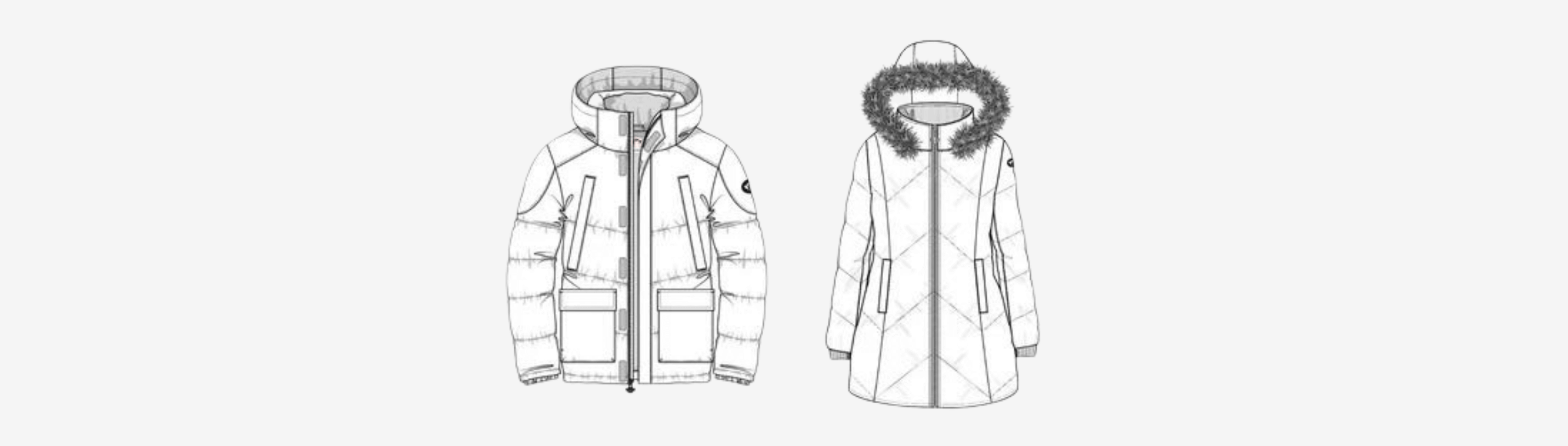 Stylish kids' winter puffer jackets in white and gray with cozy hoods and trendy designs.