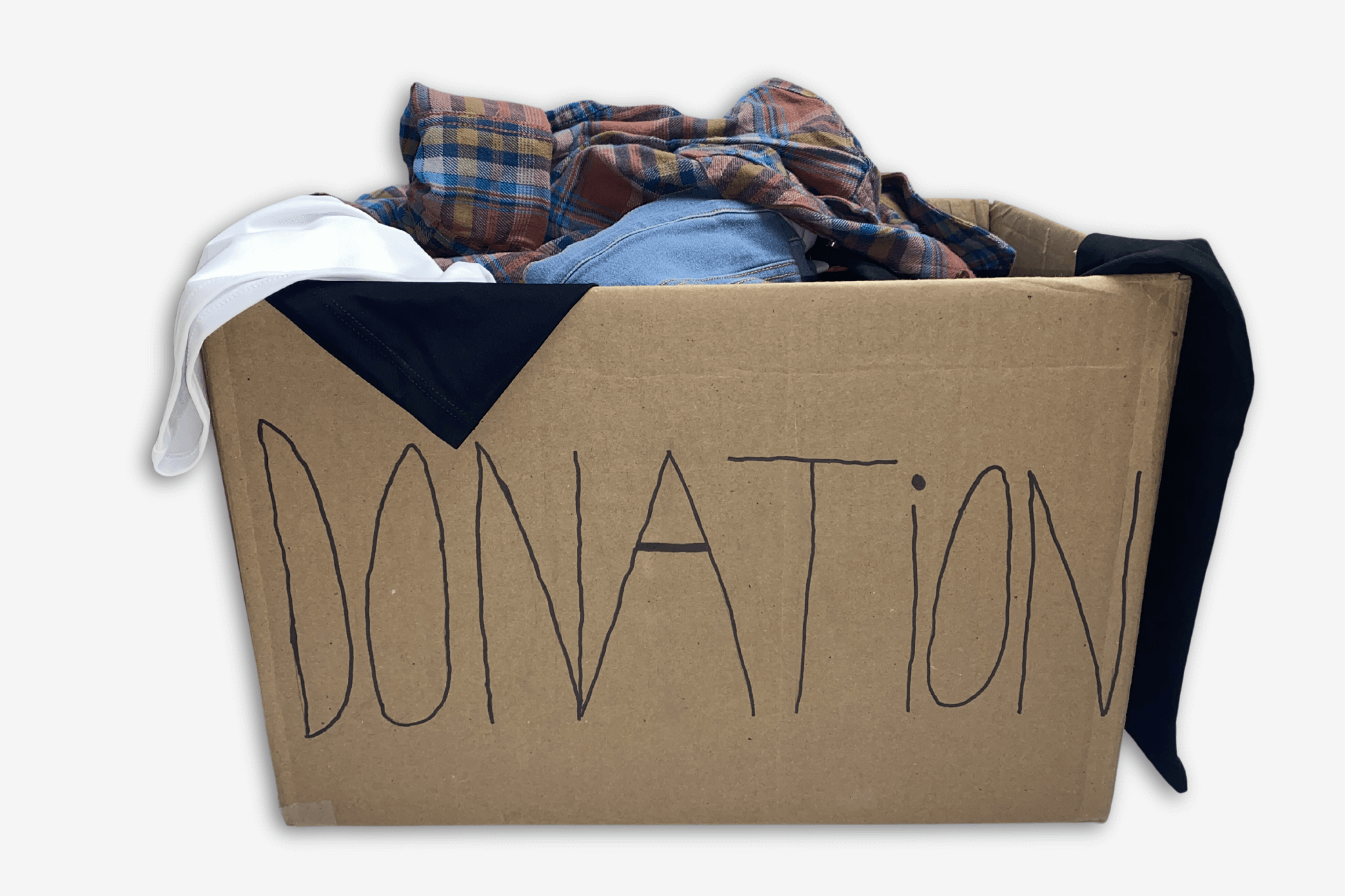 Cardboard box filled with clothes labeled 'DONATION' encouraging giving children's clothing.