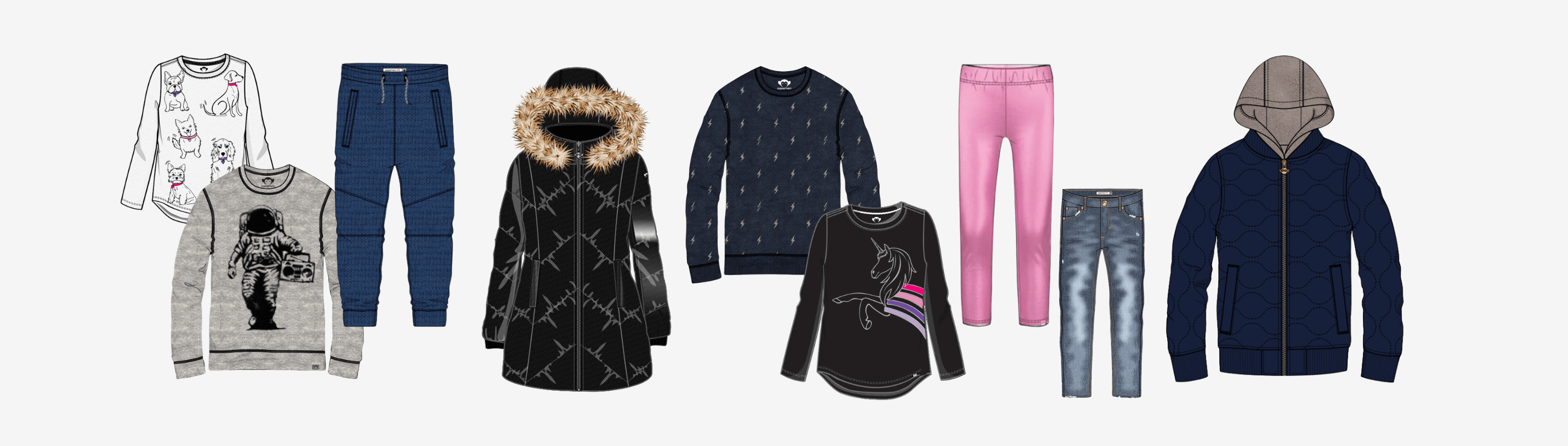 Stylish kidswear collection featuring playful tops, cozy jackets, and trendy pants for girls and boys.