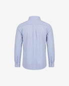 A long-sleeve button-down shirt with vertical blue and white stripes, shown from the back on a light gray background.