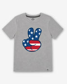 Gray t-shirt with a peace sign design featuring American flag colors on a white background
