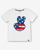 White t-shirt with a peace sign design featuring the American flag on a white background