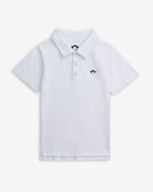 White Logo Fairbanks Polo showcasing a classic collar and signature monkey embroidery